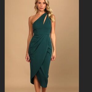 Lulu's So Flirty Hunter Green One-Shoulder Cutout Asymmetrical Dress